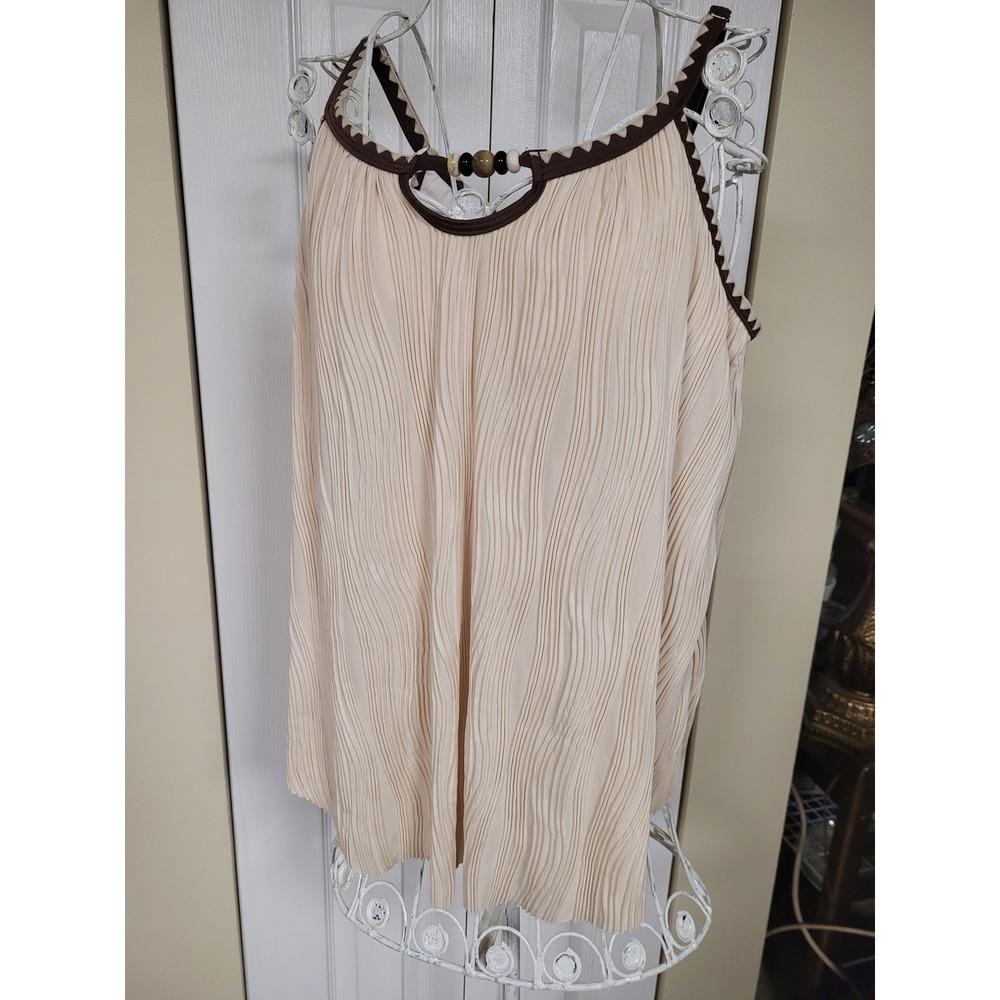 Rotita Pleated Beaded Keyhole Tankini Swim Top Cream/Brown Ric Rac Trim Large